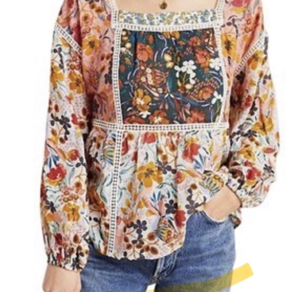 Anthropologie Maeve Floral Peasant Boho Blouse XS Square Neck EUC